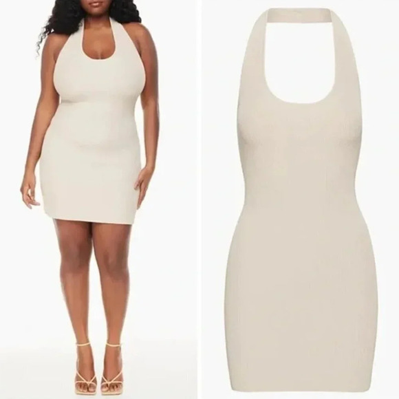 Aritzia Babaton Sculpt Knit Backless  Halter Dress Matte Pearl Size Large - Picture 1 of 7